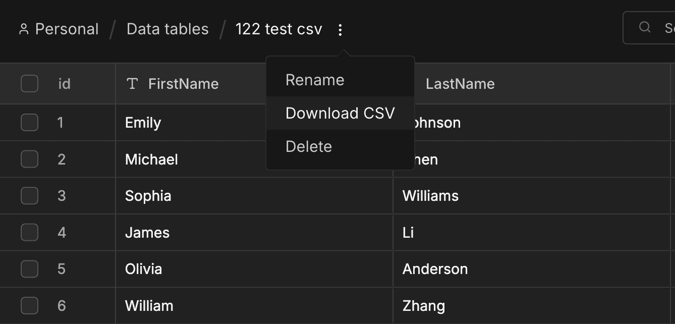 n8n Data Tables 支援下載成 CSV 格式的功能畫面