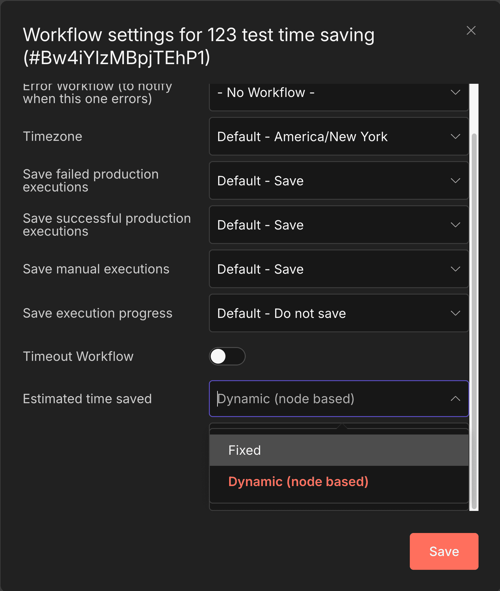 n8n 1.123.0 工作流設定中的 Time Saved Mode 功能，可設定整個工作流節省的時間