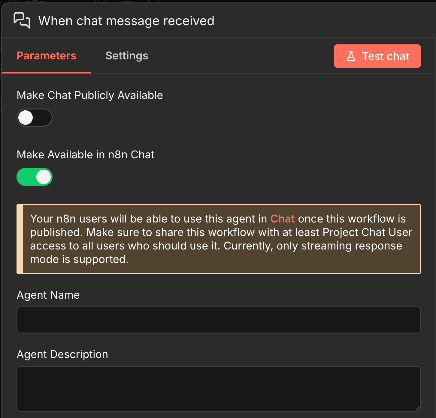 先在原本的 workflow 中的 Chat Trigger 啟用聊天 **Make Available in n8n Chat**