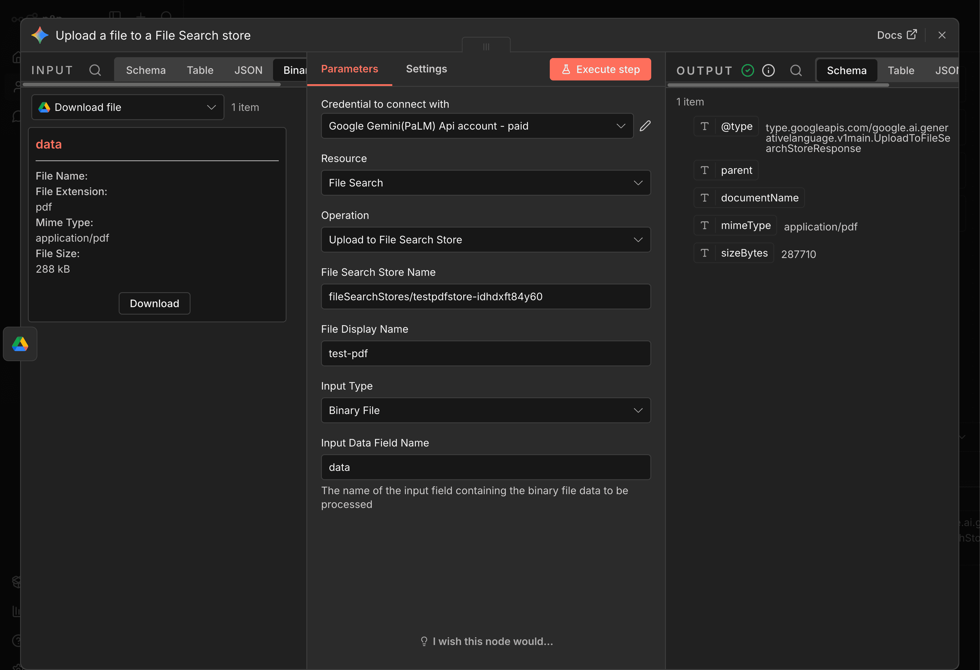 Gemini 節點中直接可以建立和上傳 File Search
