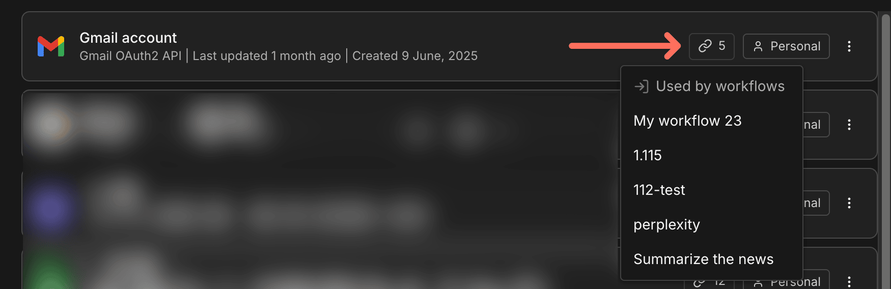 Credential 列表顯示依賴關係數字，點開可看到哪些 Workflow 在使用