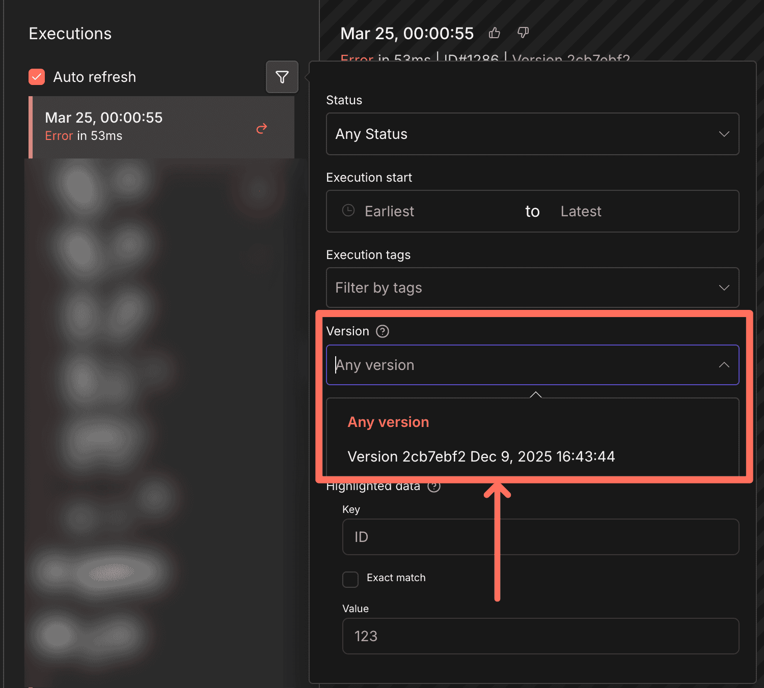 Execution 篩選器新增 Version 下拉選單，可篩選特定版本的執行紀錄