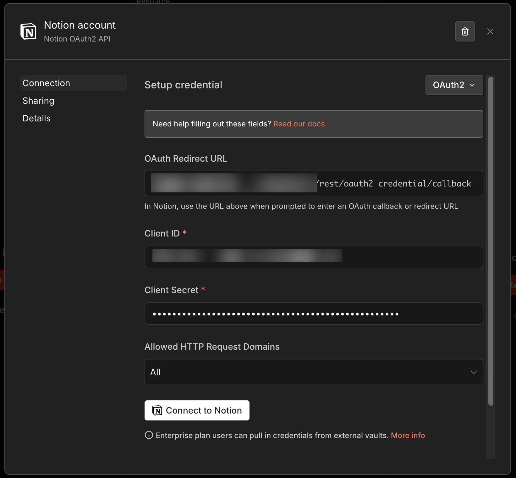 n8n Notion OAuth2 Credential 設定畫面