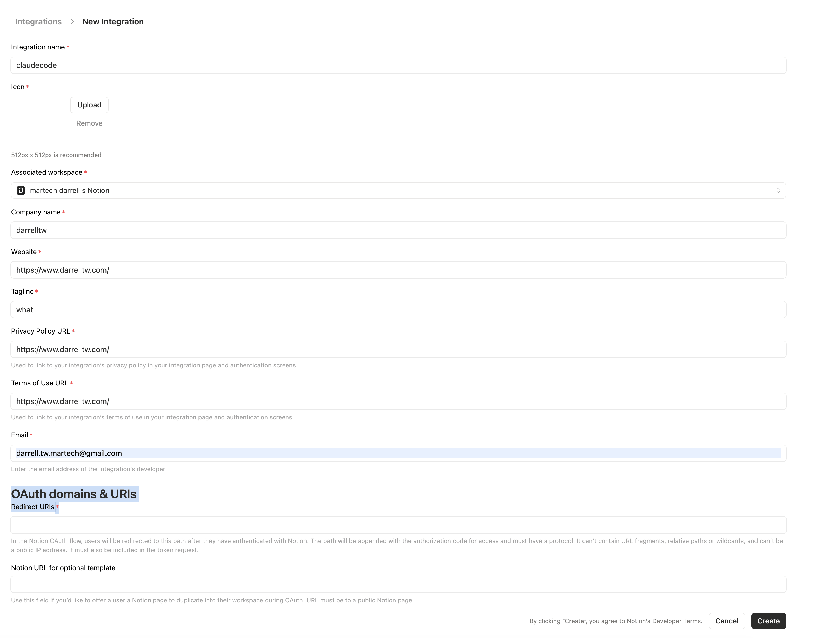 Notion 後台建立 Public Integration，設定 OAuth domains