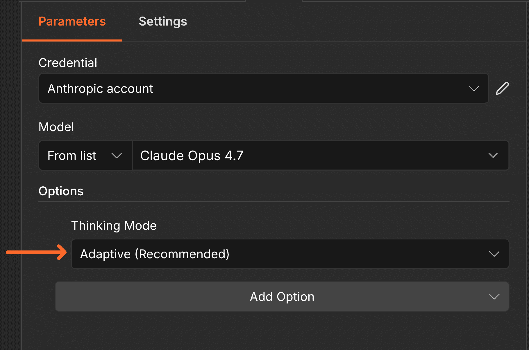 n8n Anthropic Chat Model 節點新增 Adaptive 思考模式，可設定 Effort 等級