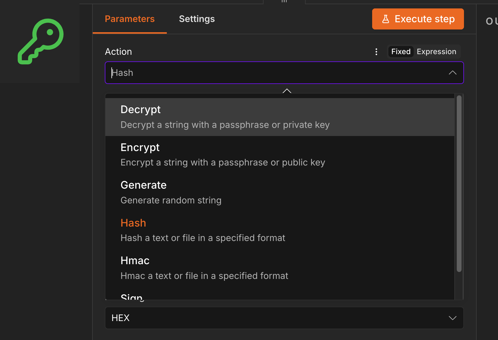 Crypto 節點 Action 下拉新增 Encrypt（用 Passphrase 或 Public Key 加密）和 Decrypt（用 Passphrase 或 Private Key 解密）兩個選項