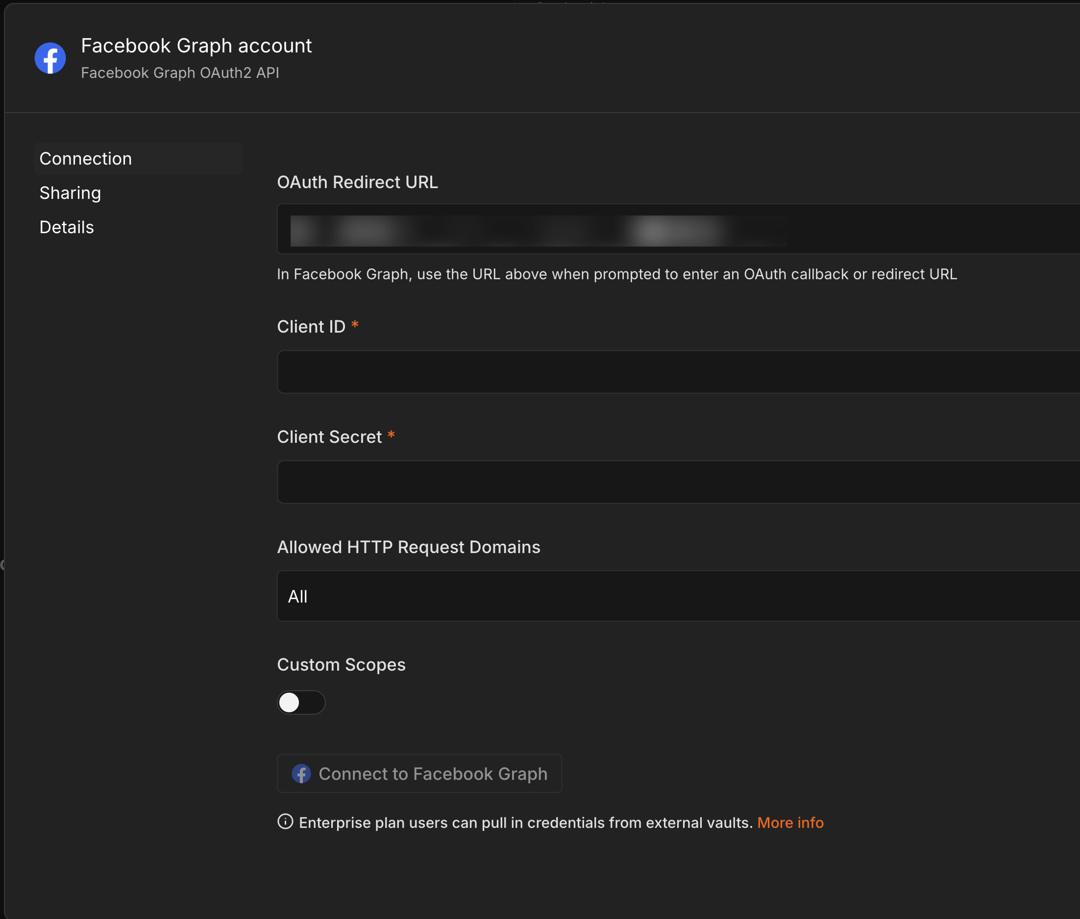 Facebook Graph OAuth2 API credential 設定畫面，需填入 Client ID、Client Secret，可選自訂 Scope