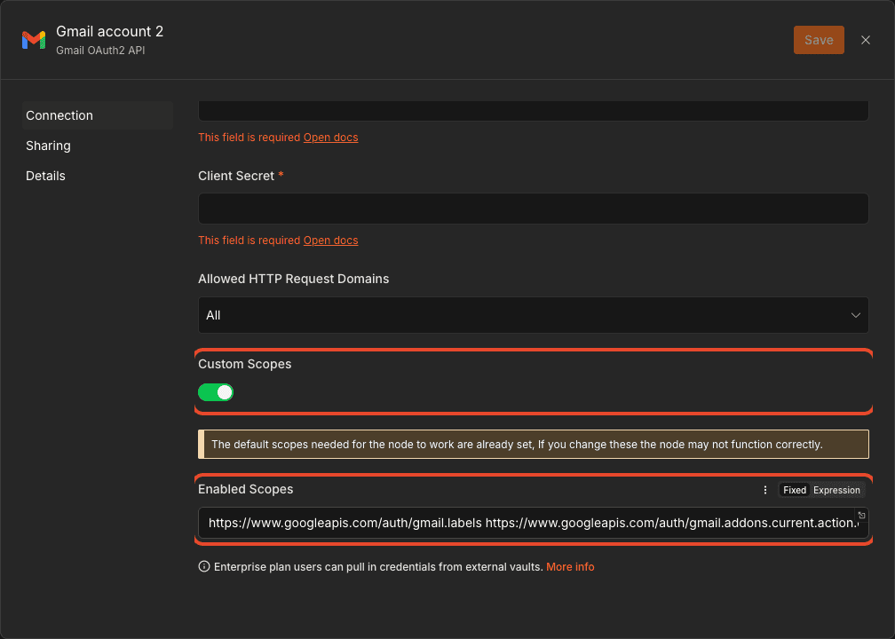 Gmail OAuth2 credential 開啟 Custom Scopes,畫面顯示修改權限可能讓節點無法運作的警告,Enabled Scopes 已預填 Gmail 權限