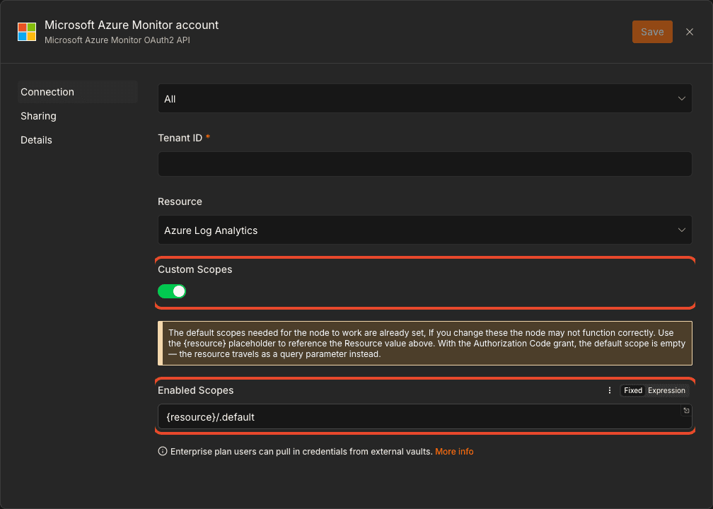 Microsoft Azure Monitor OAuth2 credential 開啟 Custom Scopes，警告說明 resource placeholder，Enabled Scopes 顯示 resource/.default