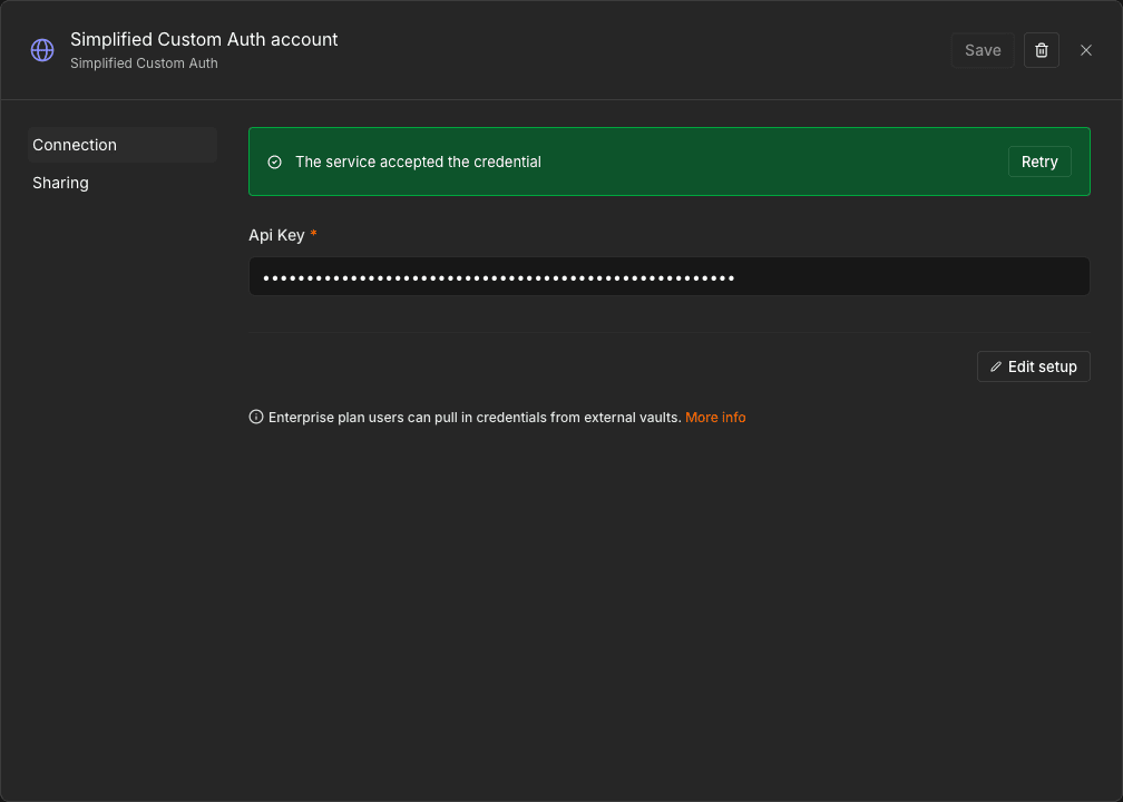 Simplified Custom Auth 存檔後顯示綠色橫幅 The service accepted the credential,Api Key 欄位以圓點遮罩