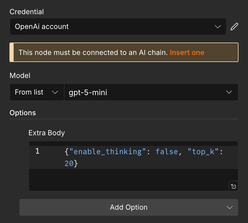 OpenAI Chat Model 節點的 Options 新增 Extra Body 欄位，填入 enable_thinking 和 top_k 的 JSON