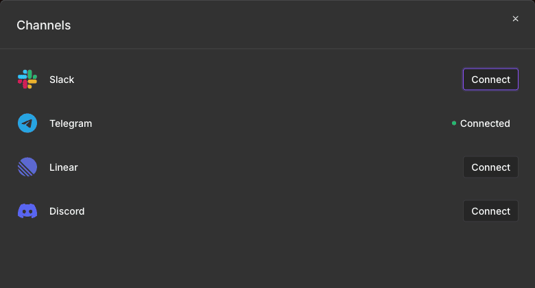 2.35.0 的 Channels 彈窗，Slack、Telegram、Linear 之外多了 Discord，各自有 Connect 按鈕