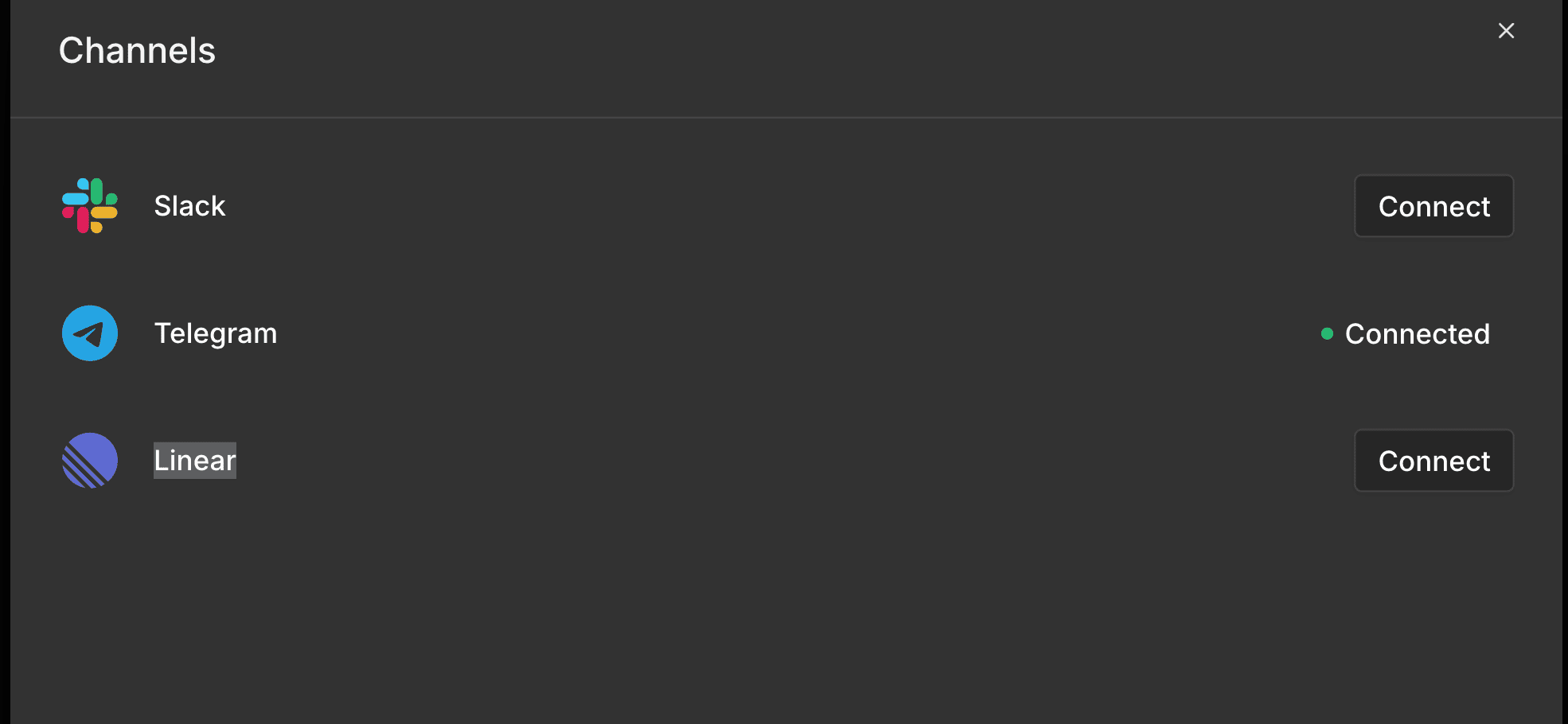 2.34.0 的 Channels 彈窗,只有 Slack、Telegram、Linear 三個選項,Telegram 顯示 Connected