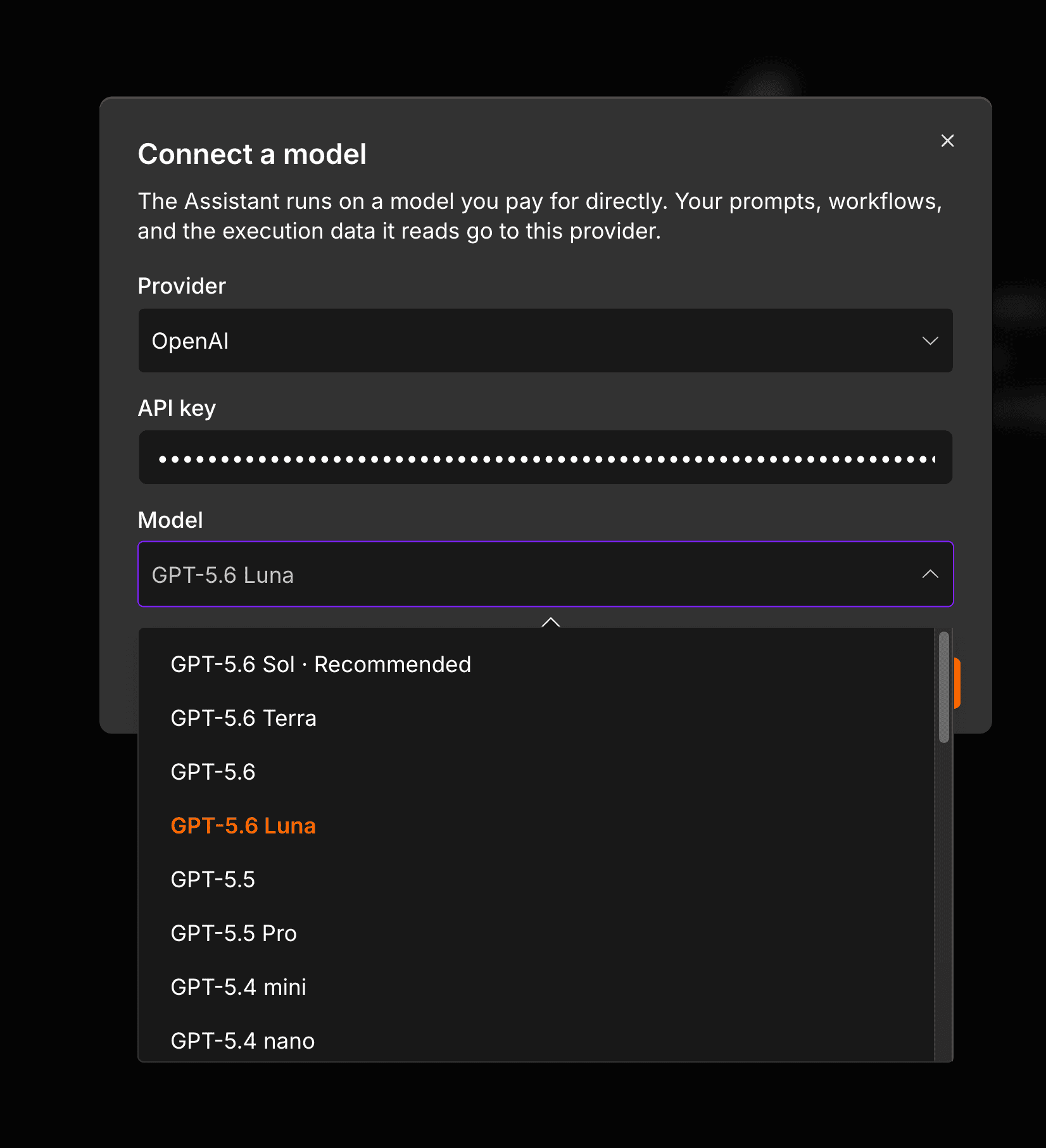 AI Assistant 的 Connect a model 步驟,Provider 選 OpenAI,Model 下拉展開顯示 GPT-5.6 Sol Recommended 排第一,往下依序是 Terra、5.6、Luna、5.5、5.5 Pro、5.4 mini、5.4 nano