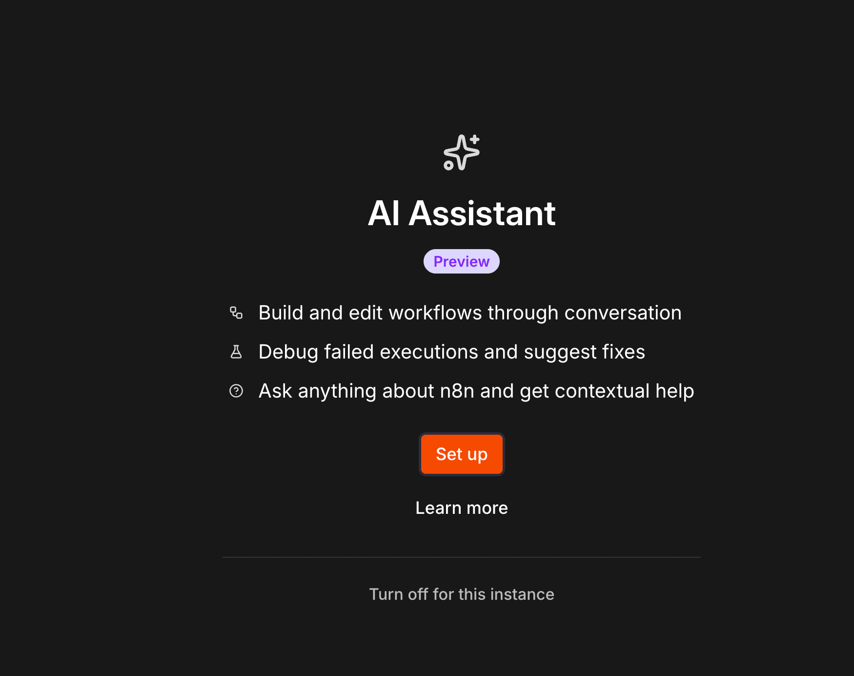 n8n 自架版 AI Assistant 入口畫面,標示 Preview,列出建立編輯 workflow、除錯失敗執行、詢問 n8n 問題三項能力,下方有 Set up 按鈕