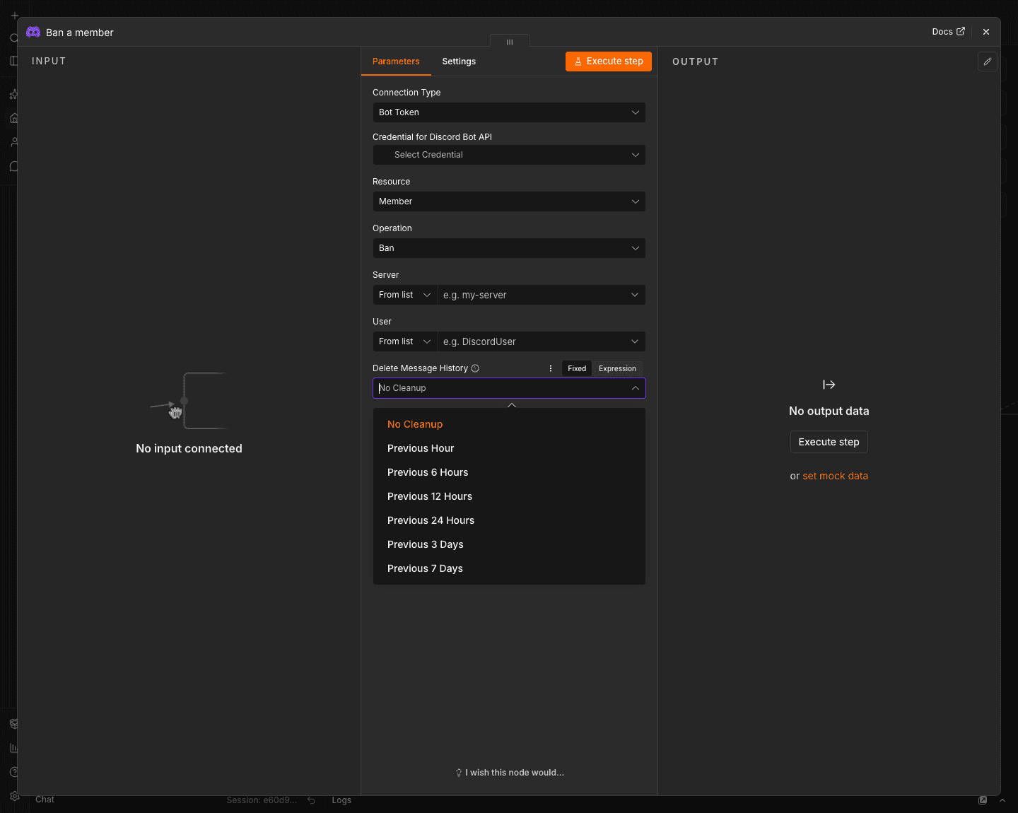 n8n 2.36.0 Discord 節點 Ban 操作的設定畫面,Resource 為 Member、Operation 為 Ban,Delete Message History 下拉展開顯示 No Cleanup、Previous Hour、Previous 6 Hours、Previous 12 Hours、Previous 24 Hours、Previous 3 Days、Previous 7 Days