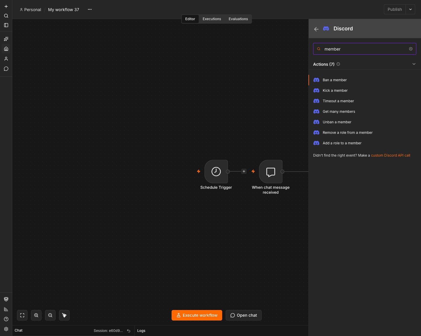n8n 2.36.0 節點面板中 Discord 的動作清單,搜尋 member 後顯示 7 個動作:Ban a member、Kick a member、Timeout a member、Get many members、Unban a member、Remove a role from a member、Add a role to a member