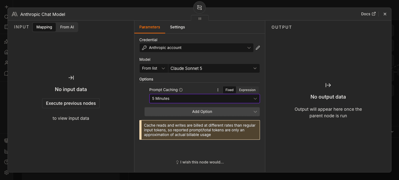 n8n 2.37.0 Anthropic Chat Model 節點開啟 Prompt Caching,Prompt Caching 選擇 5 Minutes
