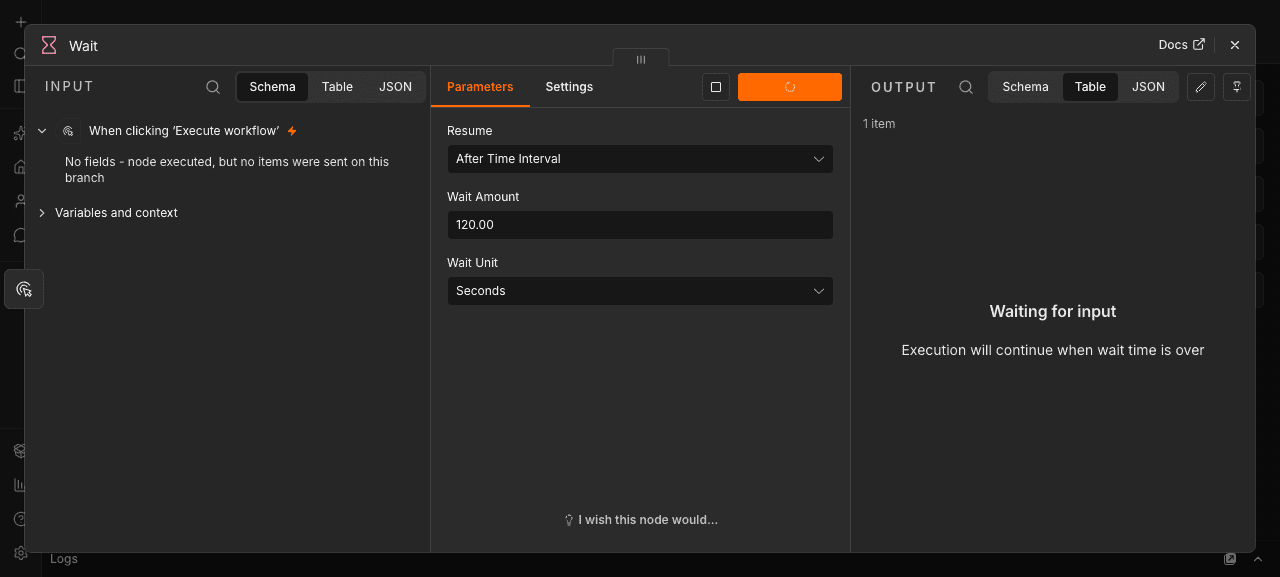 n8n 2.37.0 NDV 執行 Wait 節點時顯示 Stop current execution 停止按鈕