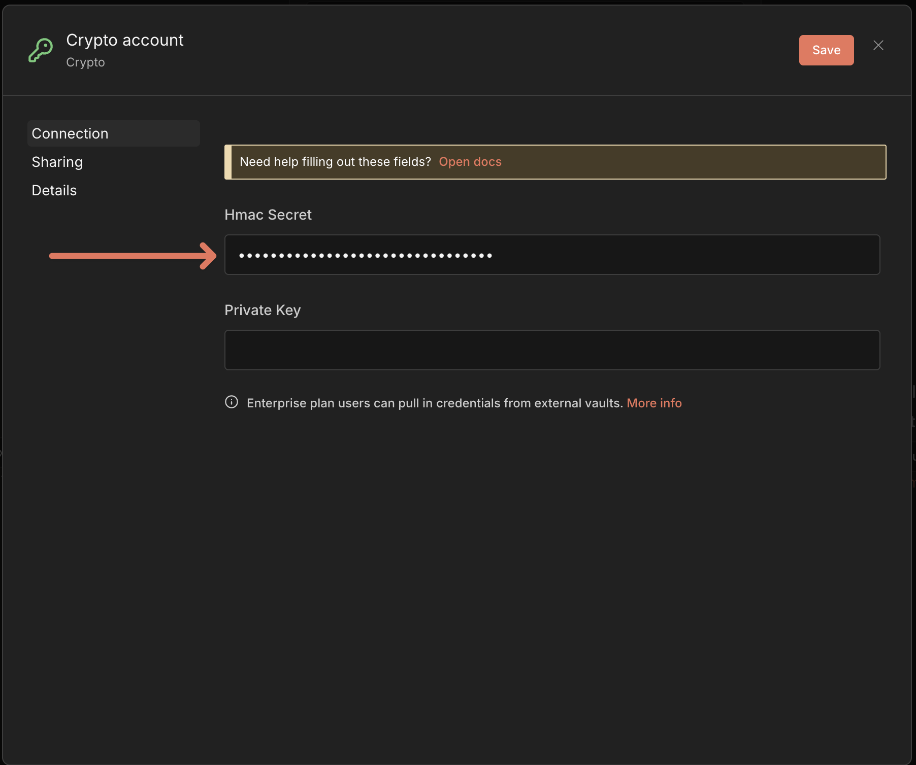 Crypto Credential 設定頁面，填入 Hmac Secret 後會以密碼形式顯示