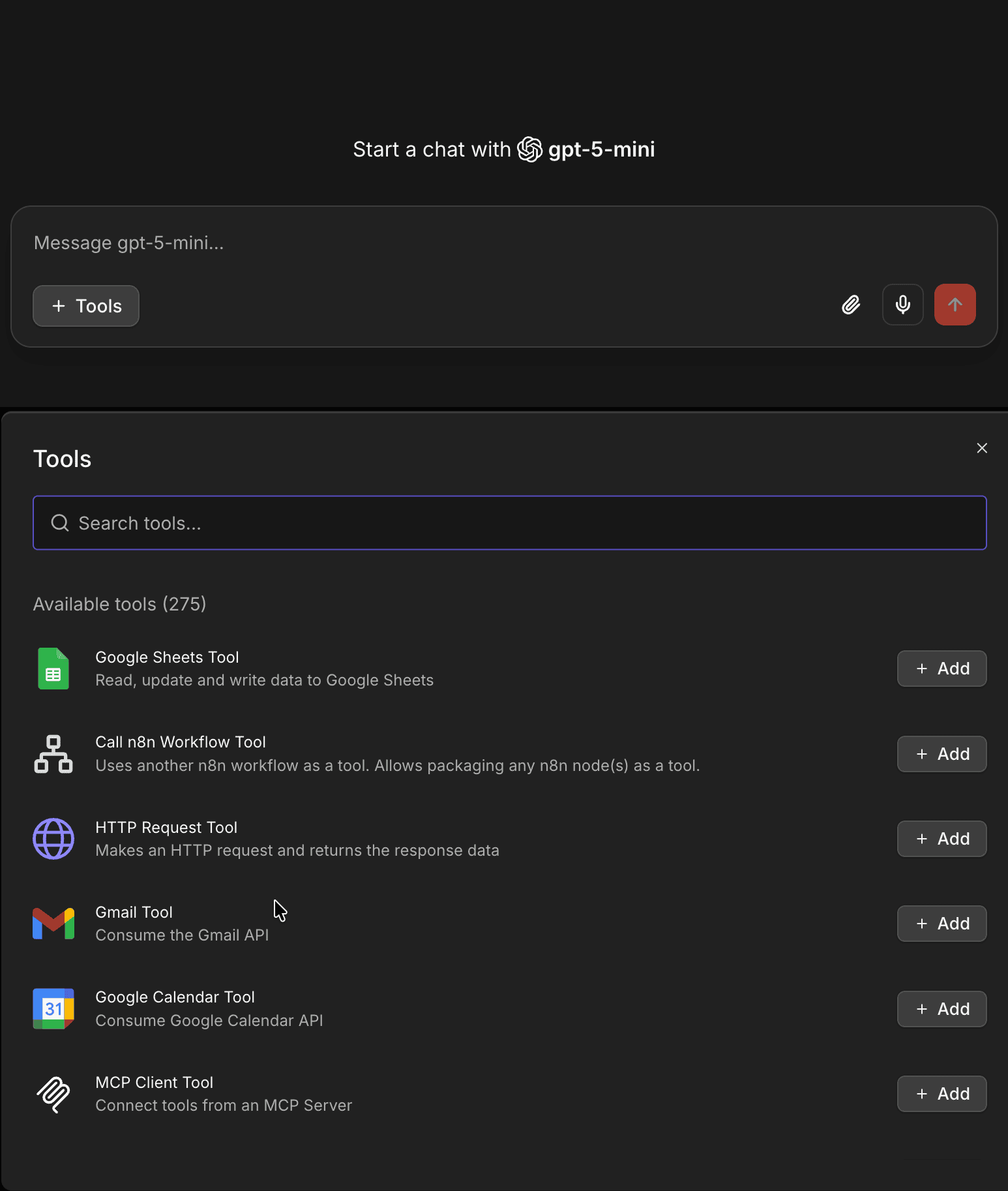Chat Hub 現在可以掛載 275 個 n8n 工具，包含 Google Sheets、Gmail 等