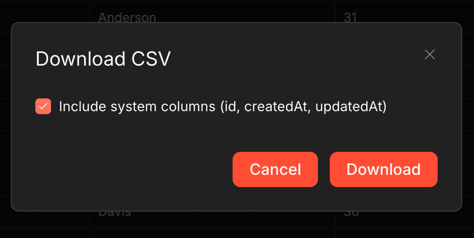 Data Table 下載 CSV 現在可以選擇是否包含系統欄位