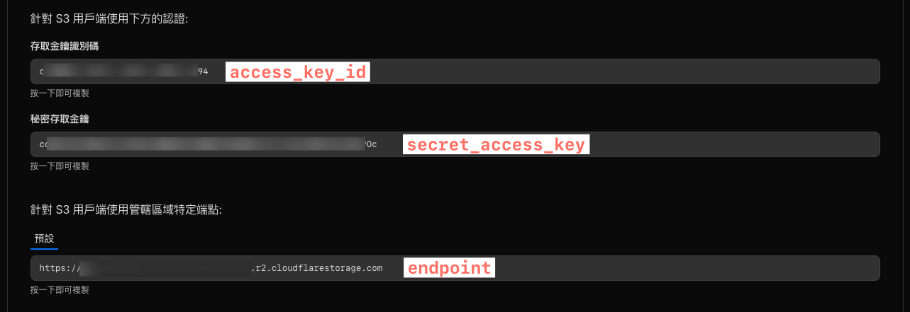 R2 API Token 建立完成 - Access Key、Secret 和 Endpoint
