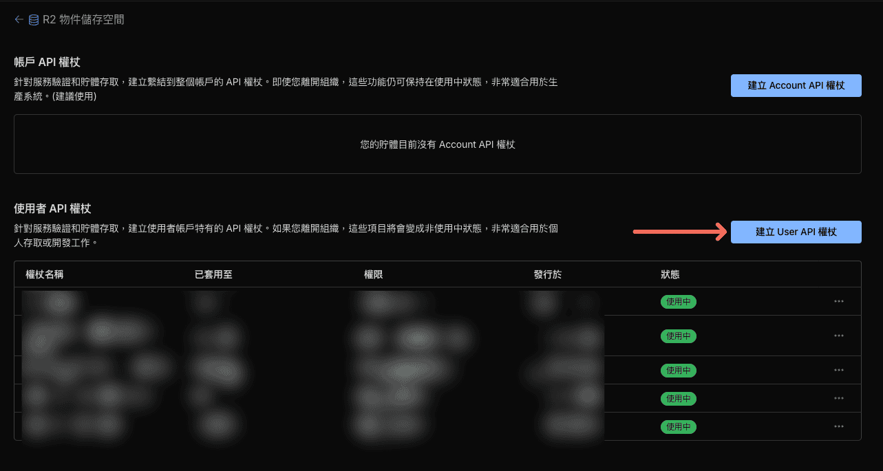 Cloudflare R2 API Token 管理頁面