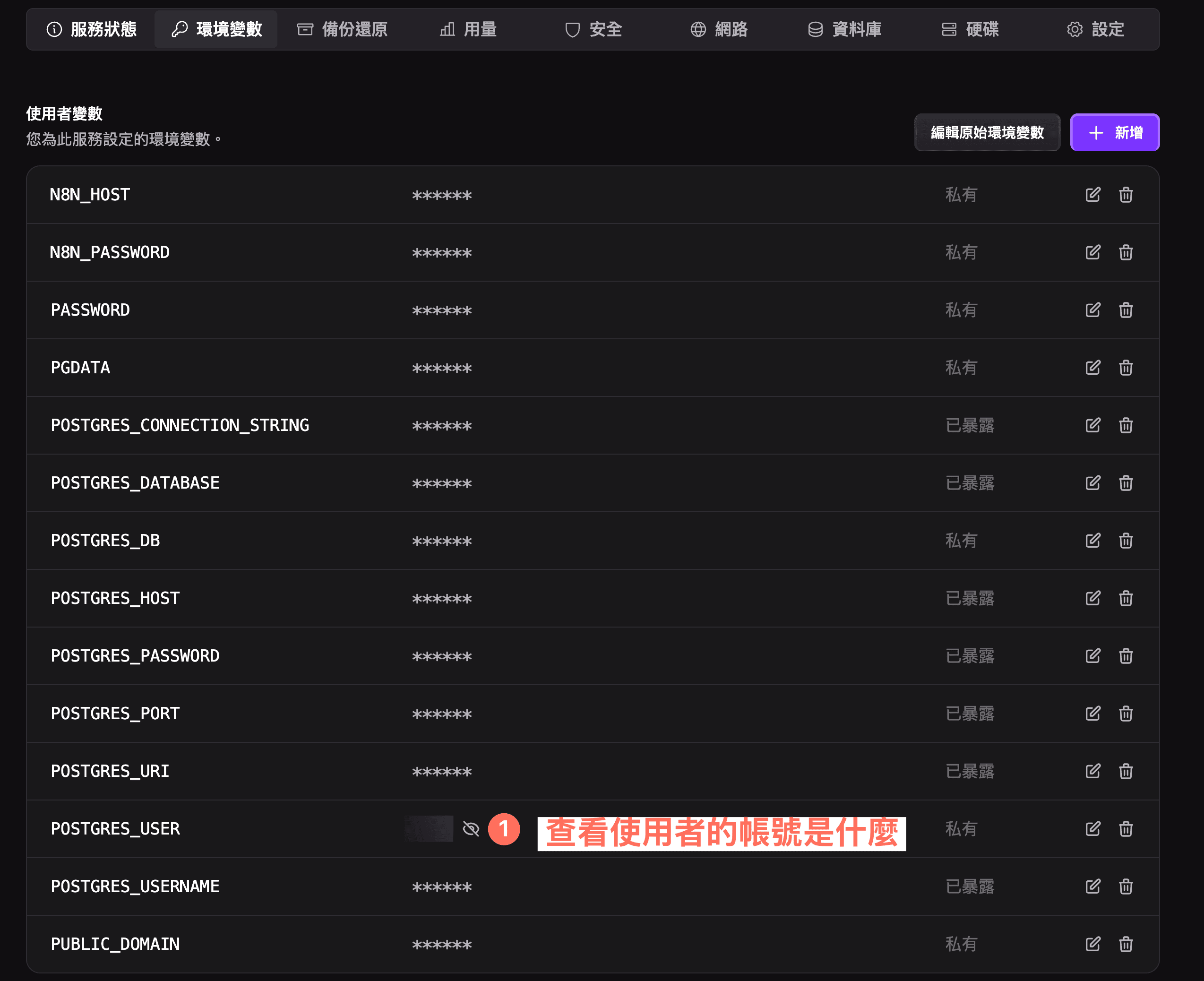 Zeabur 環境變數分頁,標示點開 POSTGRES_USER 右側的眼睛圖示就能看到資料庫使用者帳號