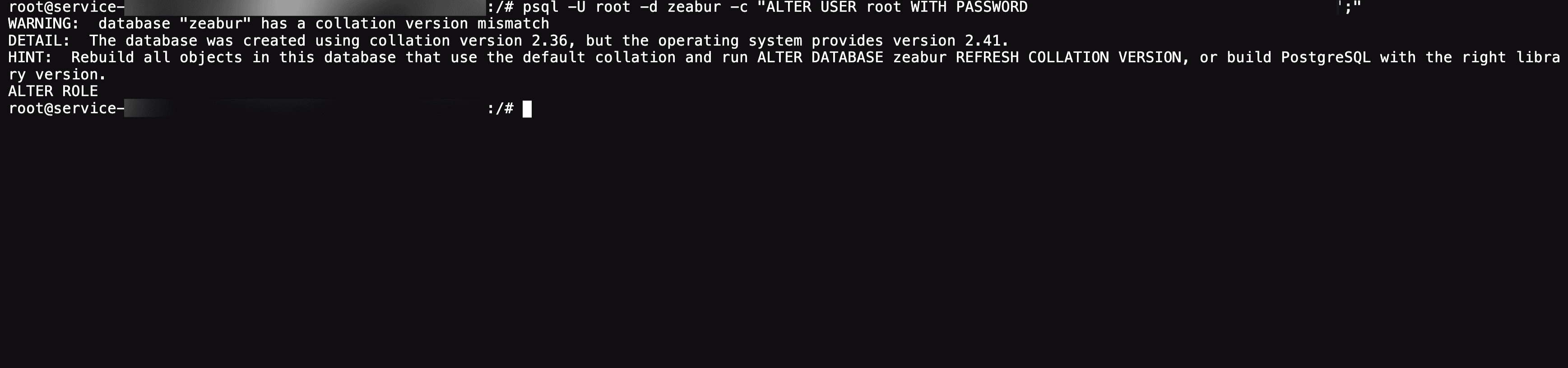 psql 執行 ALTER USER 成功的終端機畫面,上方三行是 collation version mismatch 的 WARNING、DETAIL、HINT,最下面一行 ALTER ROLE 才是真正的執行結果
