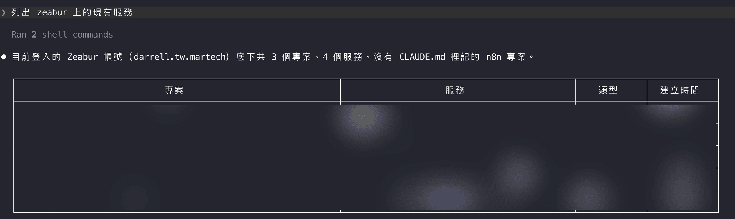 Claude Code 透過 Zeabur CLI 查詢並列出帳號內所有現有專案與服務的終端機畫面