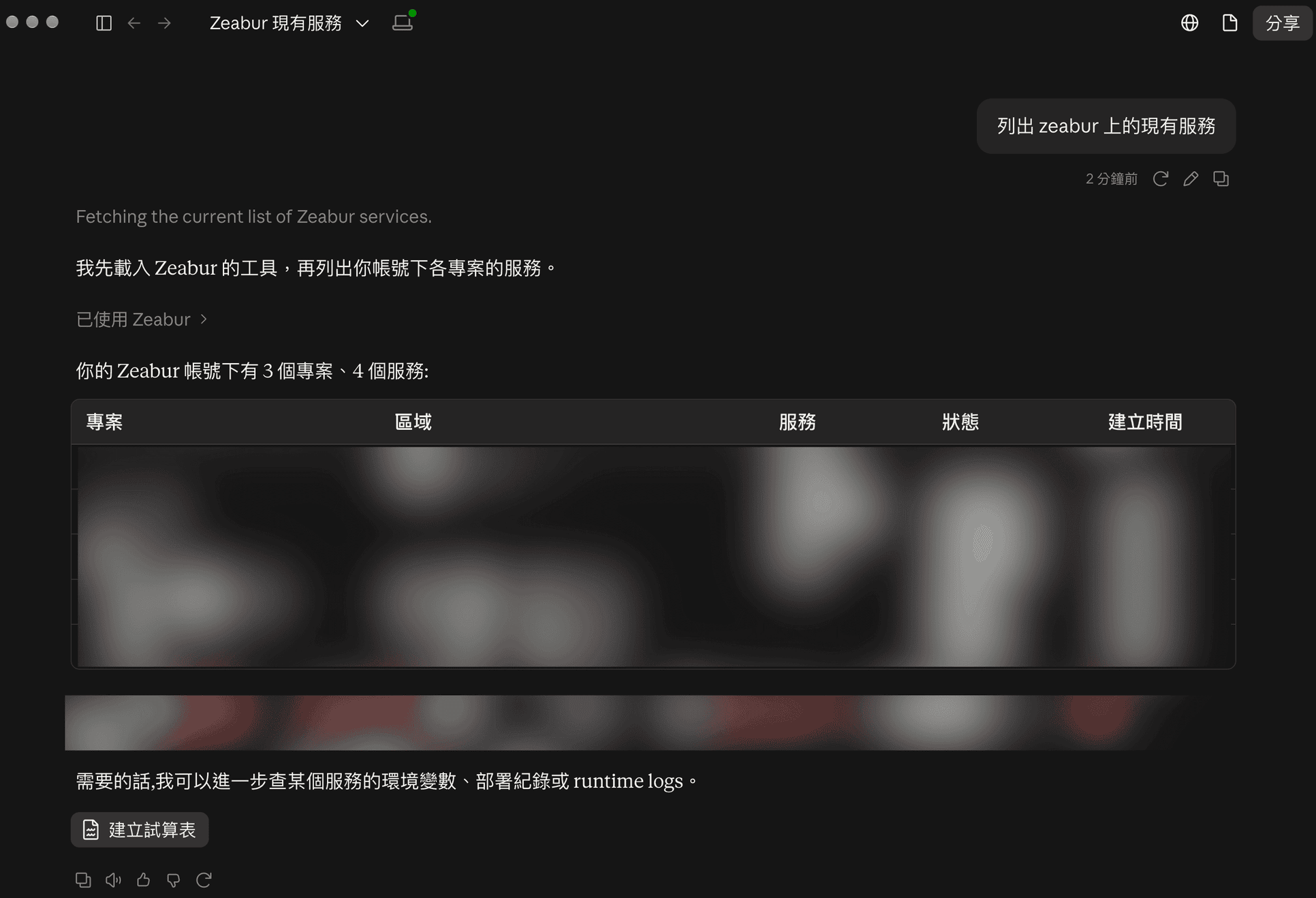 AI 透過 Zeabur MCP 工具查詢並列出帳號下專案與現有服務的對話畫面